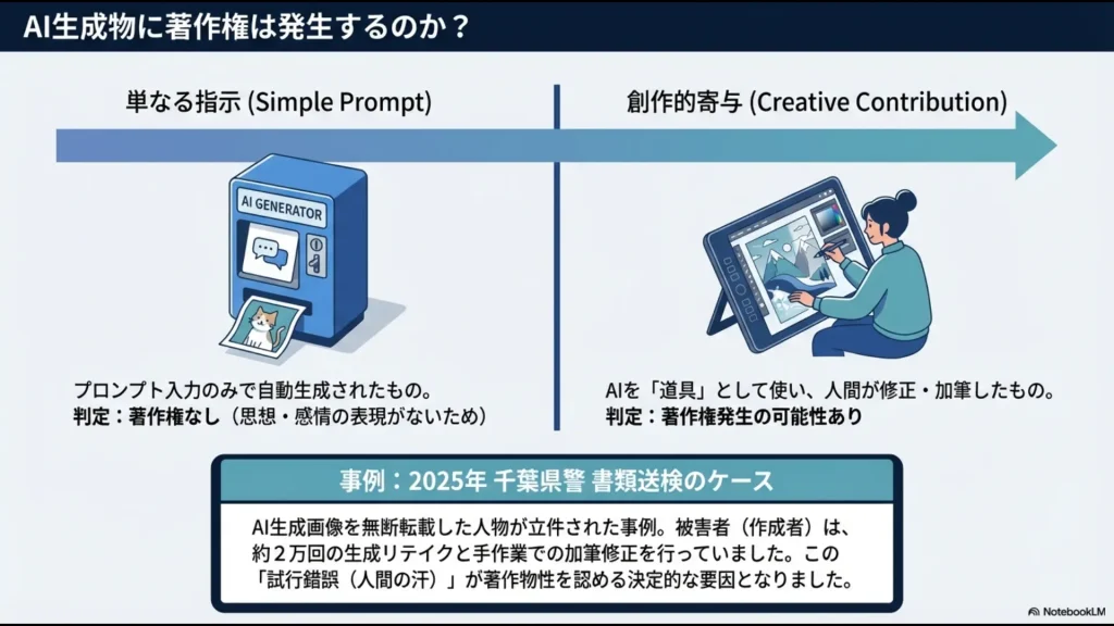単なるプロンプト入力は著作権なし、人間が道具として加筆修正した場合は著作権発生の可能性あり。2025年千葉県警の書類送検事例を紹介するスライド