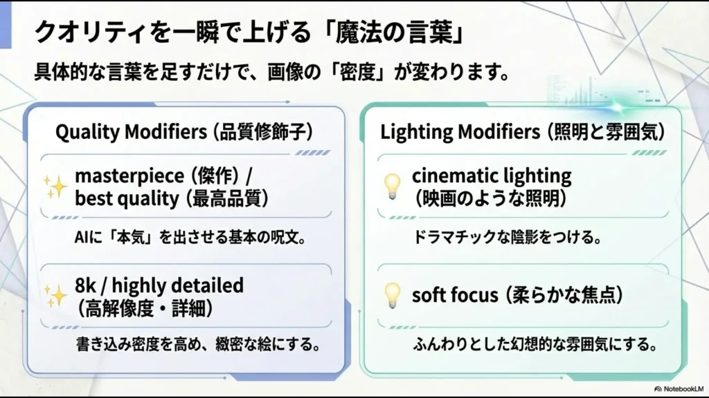 masterpieceや8k、cinematic lightingなど、画像の密度や雰囲気を一瞬で向上させる品質修飾子の解説 。