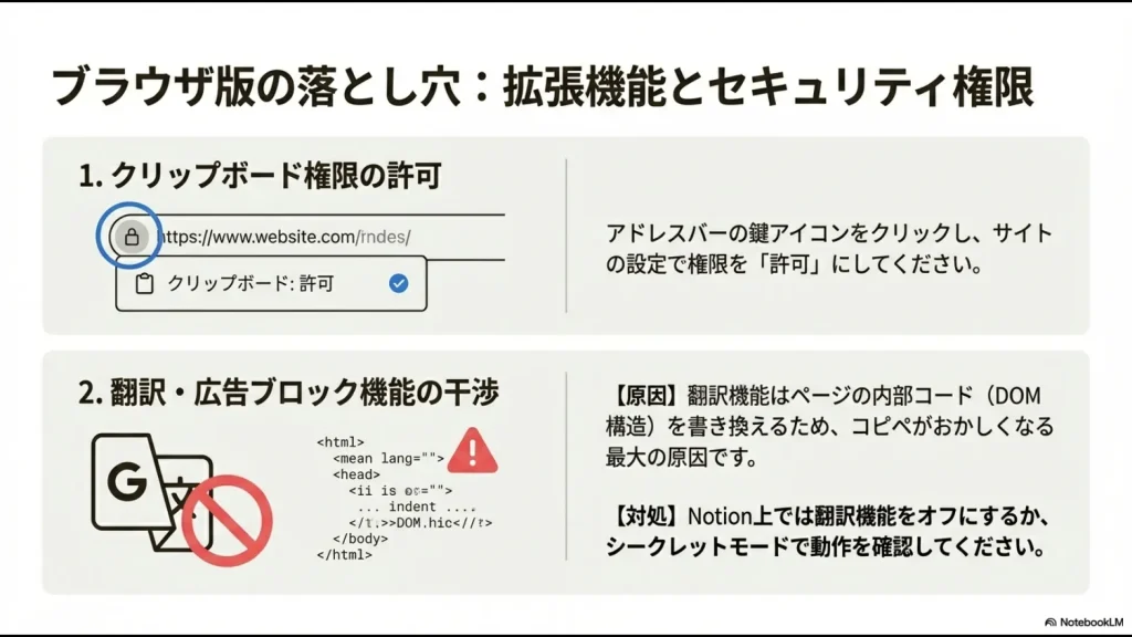 Chromeのアドレスバーでのクリップボード許可設定と、翻訳機能によるDOM構造書き換えの影響についての解説。