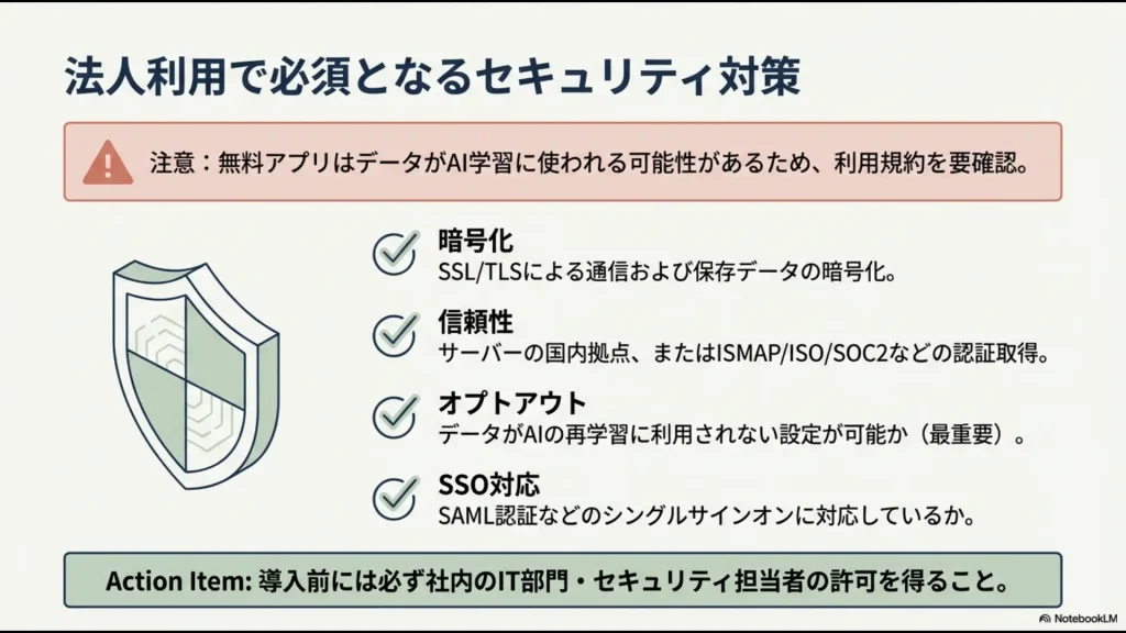 暗号化、サーバーの信頼性、オプトアウト設定、SSO対応など、企業がAIツールを導入する際に確認すべきセキュリティ対策。