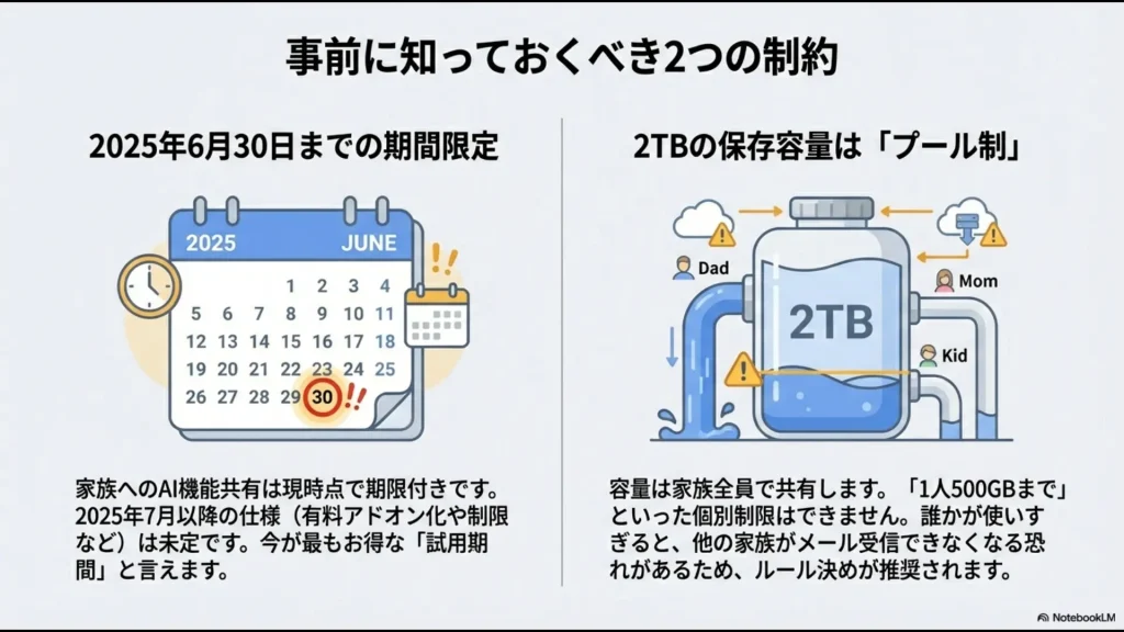 2025年6月までの期間限定共有と、2TBストレージのプール制について説明するスライド