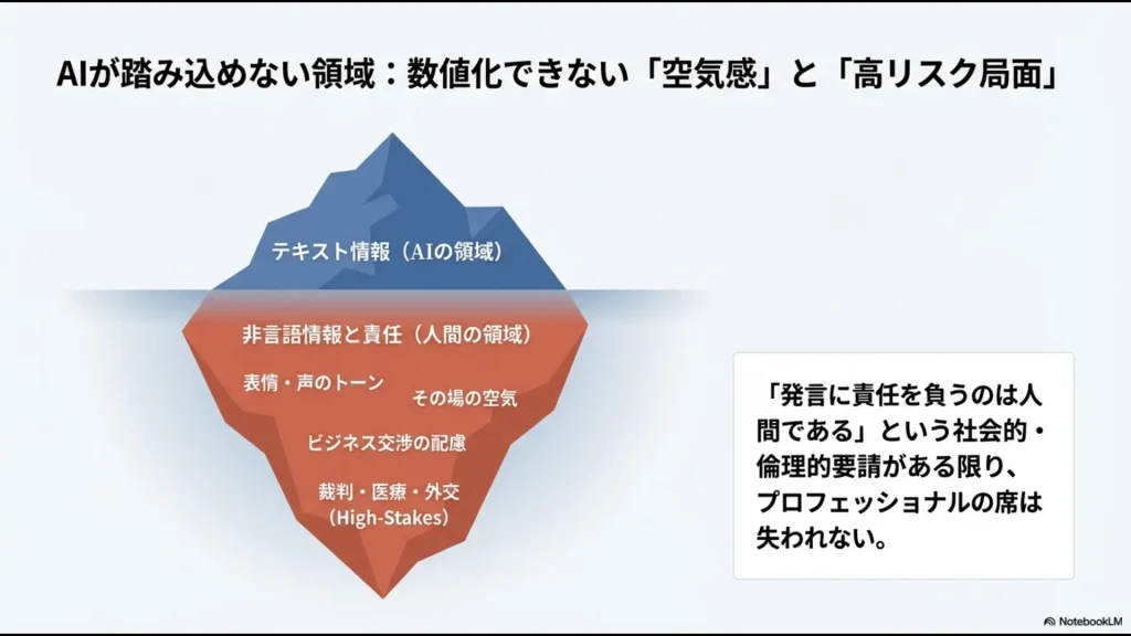 表情、トーン、空気感などの非言語情報と、裁判や医療などの責任が問われる高リスク局面における人間の優位性の解説