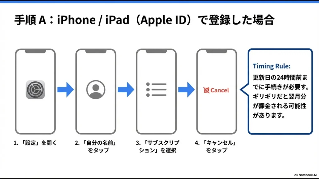 iPhoneの設定アプリからApple IDのサブスクリプション画面を開き、Google Geminiを解約する操作手順の解説