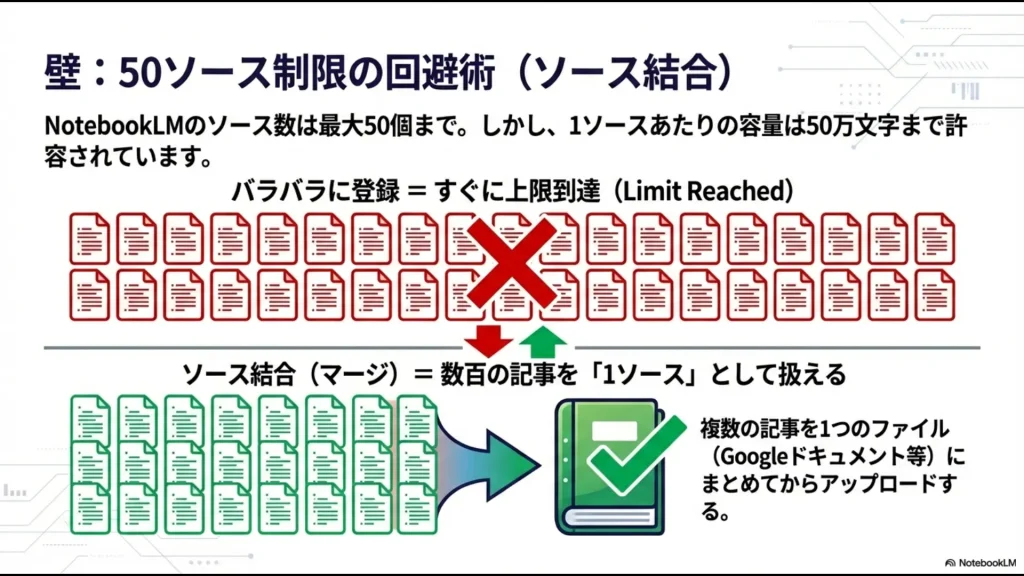 バラバラの登録で上限に達するのを防ぎ、複数の記事を1つにまとめて50ソース制限を回避する手法の図解