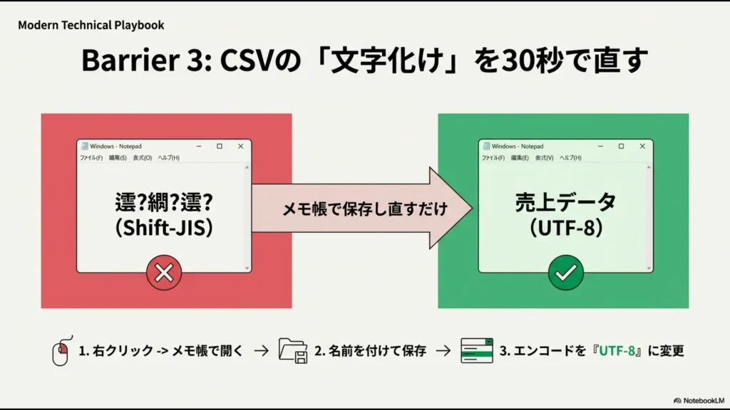 Windowsのメモ帳でCSVを開き、エンコードをUTF-8に変更して保存し直す操作手順