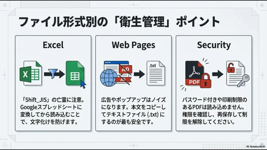 Excel、Webページ、セキュリティ制限付きPDFそれぞれにおける文字化け防止の注意点をまとめた比較スライド