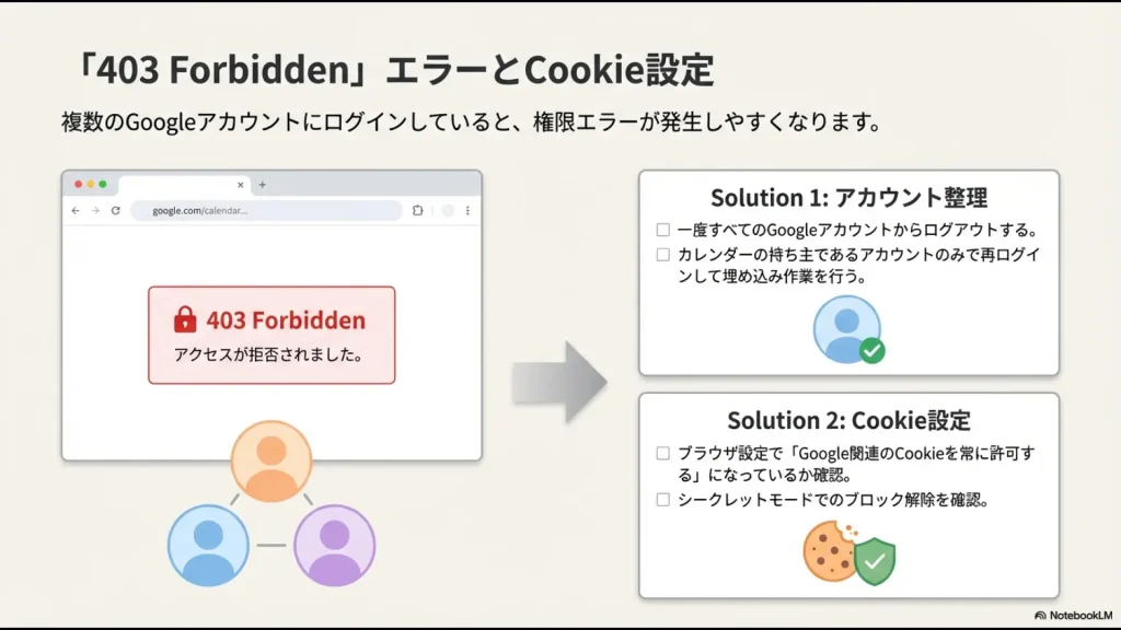 Googleアカウントのログアウト・再ログインによる整理と、ブラウザのCookie許可設定の手順