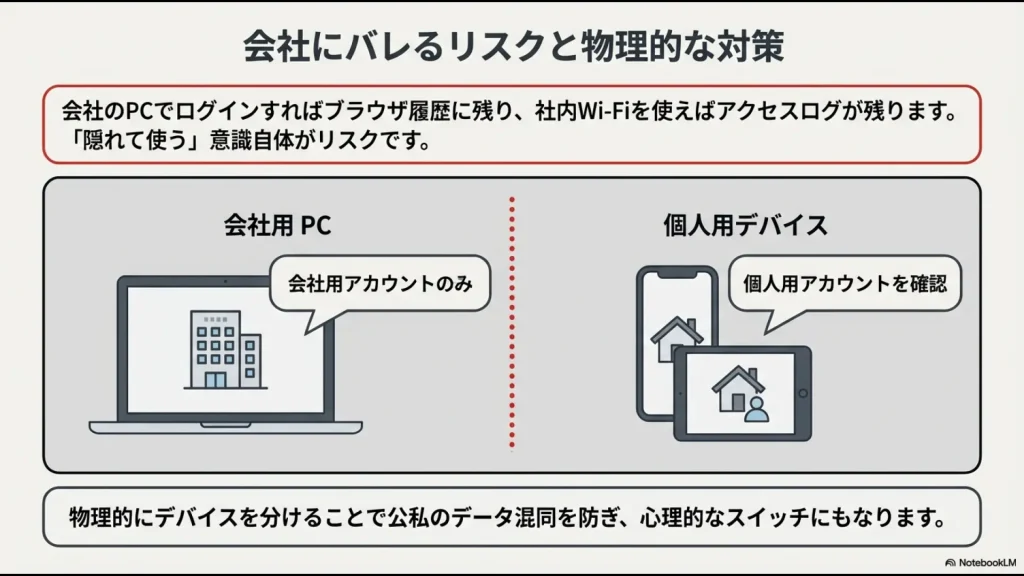 会社用PCでは会社アカウントのみ、個人用デバイスで個人アカウントを確認するという公私分離のイメージ図。