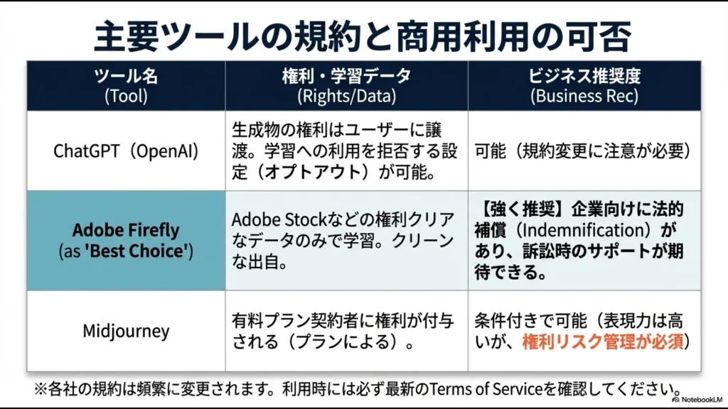 ChatGPT、Adobe Firefly、Midjourneyの権利・学習データの特徴とビジネス推奨度をまとめた比較表スライド