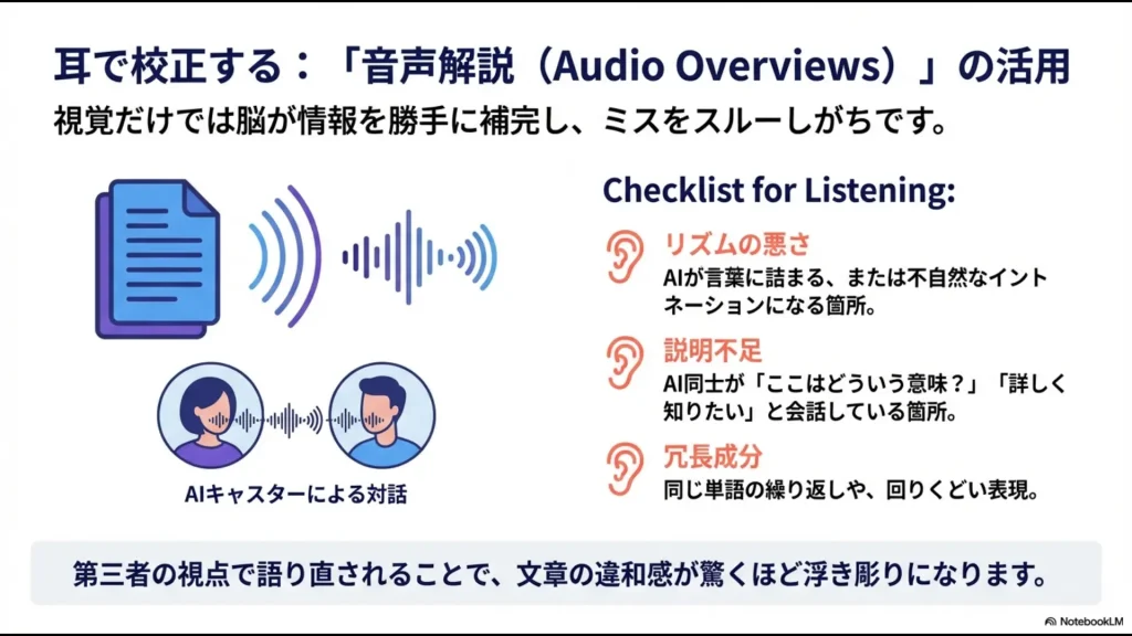 AIキャスターの対話を聴きながら、リズムの悪さや説明不足、冗長な表現を第三者視点で発見するプロセスの解説。