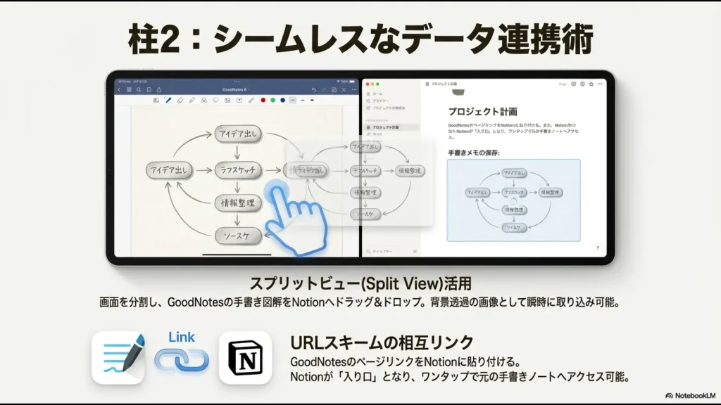iPadの画面を分割し、GoodNotesの手書き図解をNotionへドラッグ＆ドロップして取り込む操作の解説。