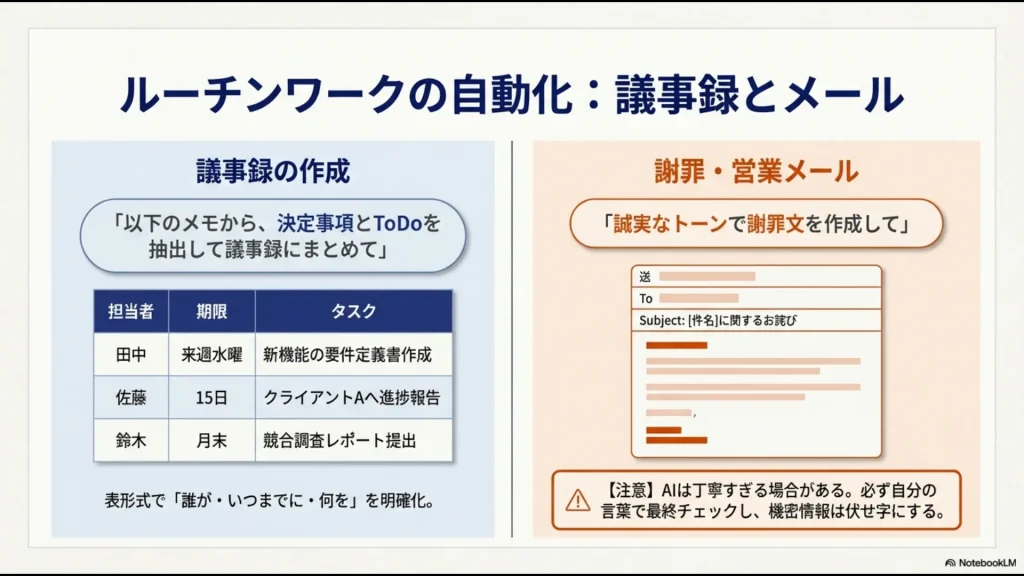 会議メモからの議事録生成プロンプト例と、誠実なトーンでのメール作成、および出力結果の表形式による明確化のイメージ