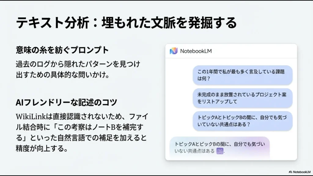 過去のログから課題や共通点を見つけるためのプロンプト例と、AIフレンドリーな記述方法のポイント