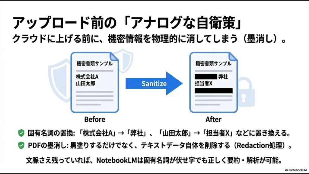 固有名詞の置換やPDFのRedaction処理（墨消し）によるアナログな自衛策の具体例
