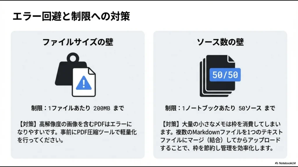 200MBのファイル制限と50ソースの制限を回避するための圧縮とマージの方法