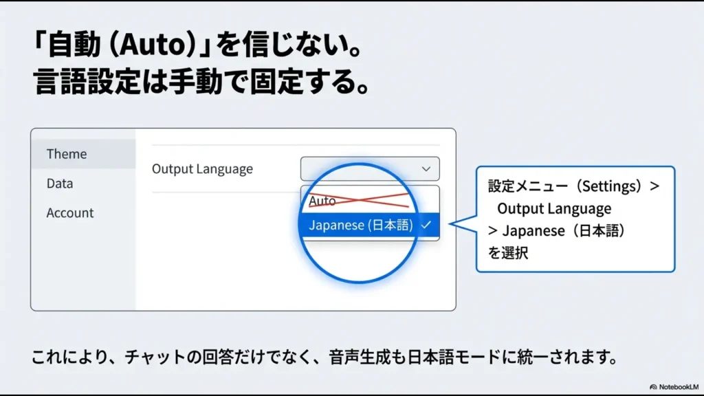 NotebookLMの設定画面で「Output Language」を「Japanese（日本語）」に選択する操作マニュアルスライド