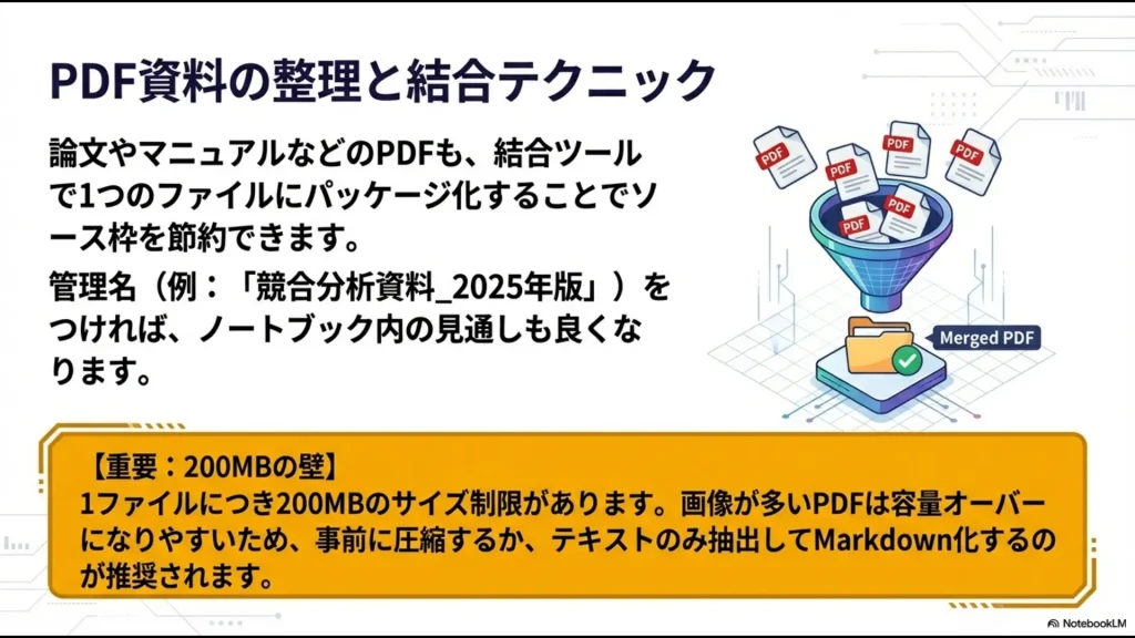 複数のPDFを1つにパッケージ化してソース枠を節約する方法と、ファイル容量200MB制限への対策