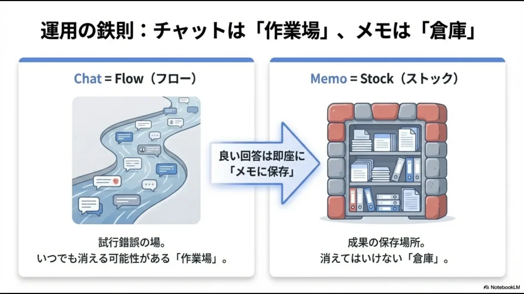 作業場としてのチャット（フロー）と、倉庫としてのメモ（ストック）を使い分ける運用の鉄則