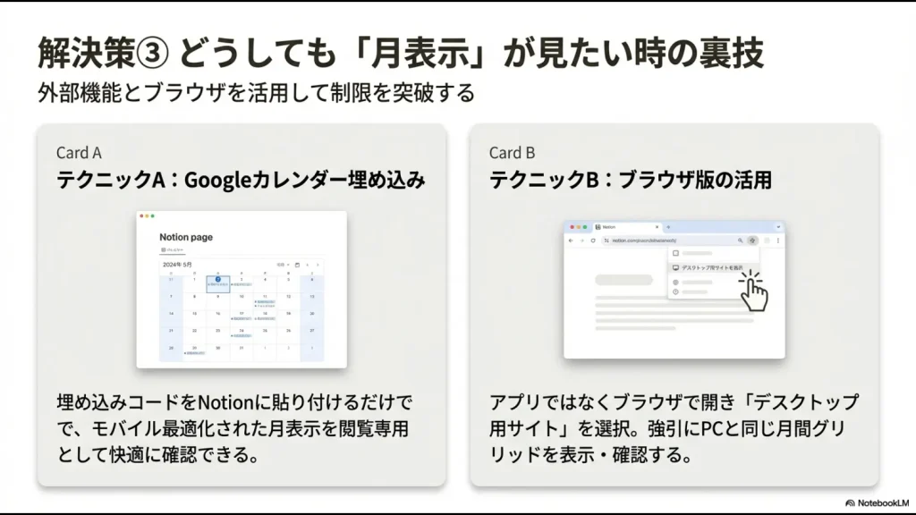 Googleカレンダーの埋め込みコード利用方法と、ブラウザ版でデスクトップ用サイトを表示して月表示を確認する裏技 。
