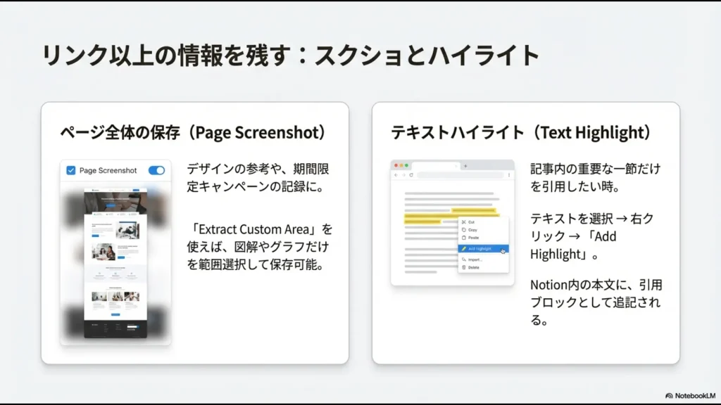 ページ全体のスクリーンショット保存設定と、右クリックメニューからのテキストハイライト追加操作