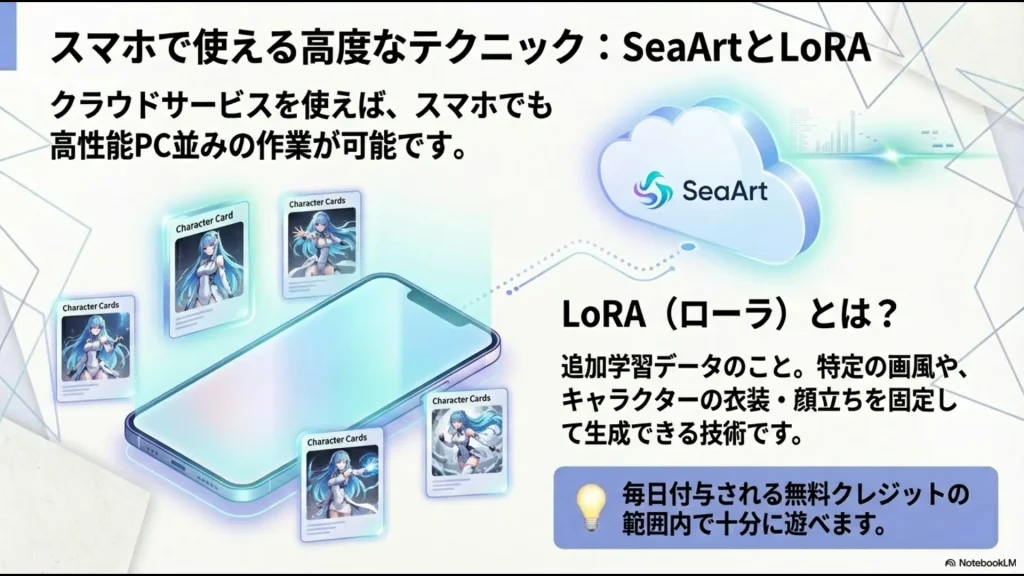 スマホでもLoRA（追加学習データ）を使用して特定の画風や顔立ちを固定して生成できる技術の解説 。