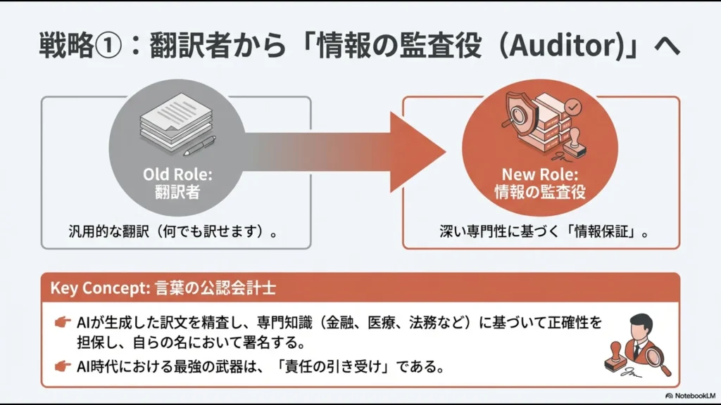 汎用的な翻訳者から、深い専門性に基づき正確性を担保し署名する「情報の監査役」への転換を示すスライド