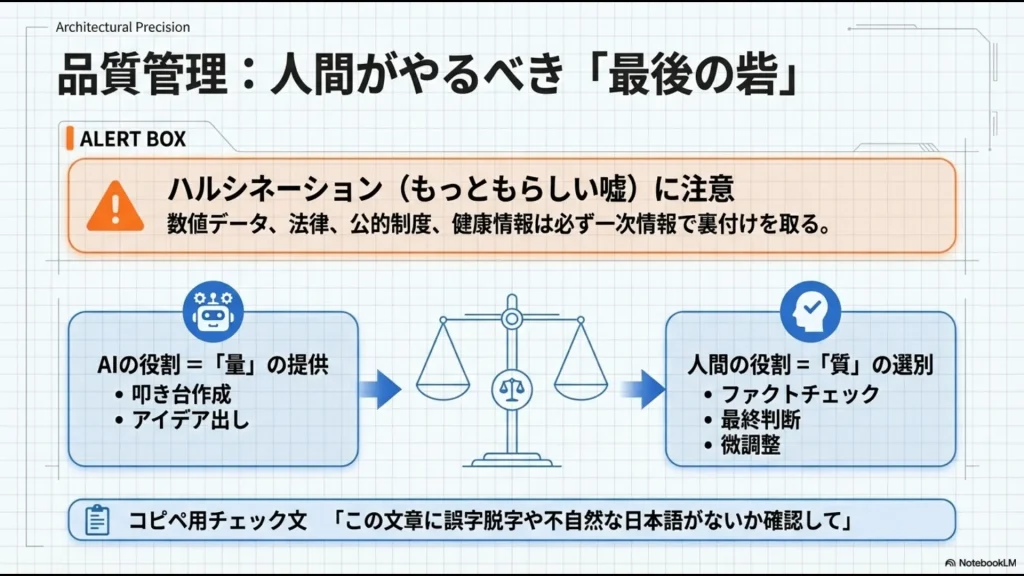 AIのハルシネーションへの注意喚起と、人間が「質」の選別（ファクトチェック・最終判断）を行う役割分担の解説。