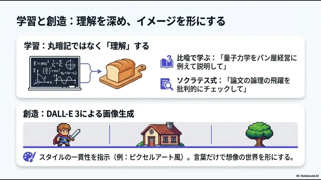 比喩を用いた量子力学の学習と、DALL-E 3による画像生成の一貫性保持の図解