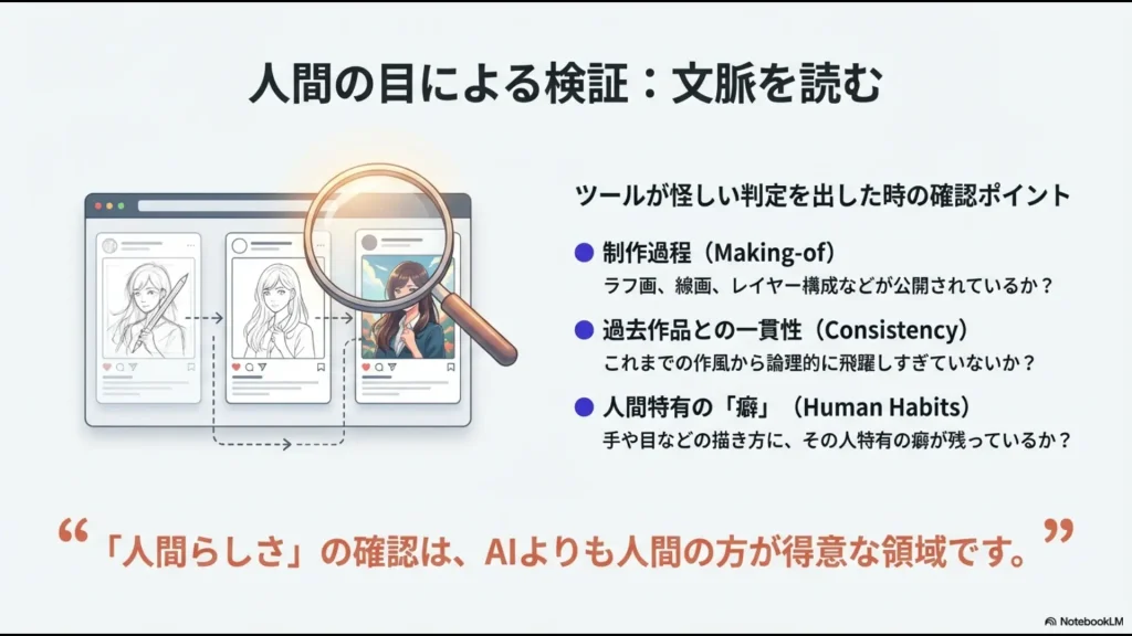 制作過程、過去作品との一貫性、人間特有の癖など、ツールに頼らず人間が確認すべきポイントをまとめたスライド