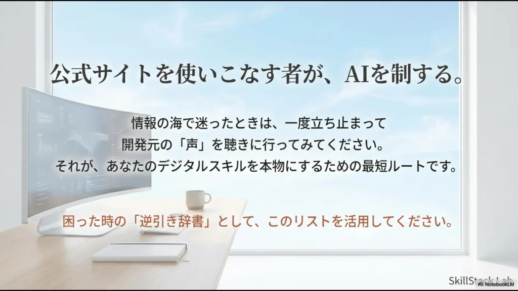 「公式サイトを使いこなす者がAIを制する」というメッセージと共に、開発元の声を聴く重要性を伝える結びのスライド。