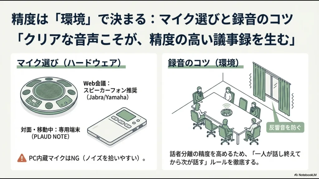 Web会議用のスピーカーフォン推奨や、対面・移動用の専用端末紹介、反響音を防ぐ環境作りのコツを解説したスライド。