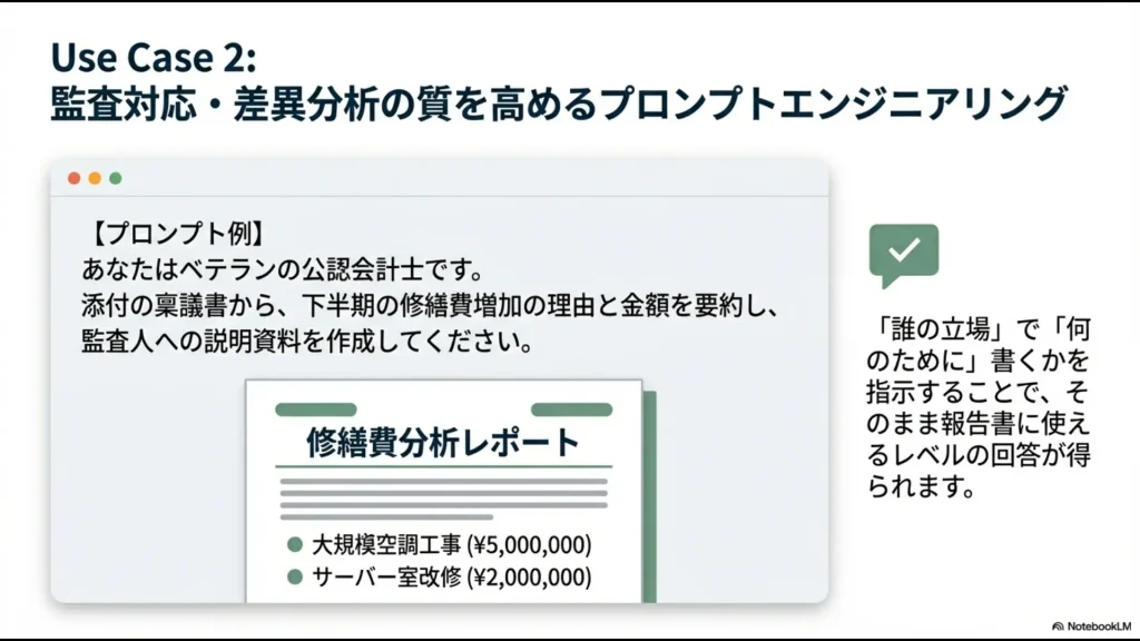 AIにベテラン公認会計士の役割を与え、稟議書から修繕費増加の理由を分析させて報告書ドラフトを作成するプロンプトの例。