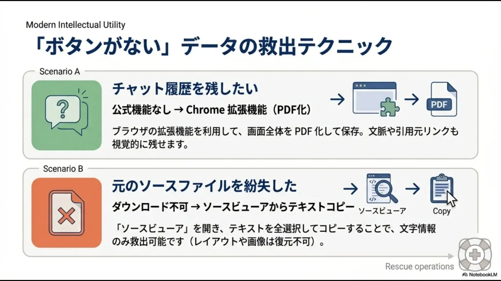 Chrome拡張機能によるPDF化と、ソースビューアからのテキストコピーによるデータ救出の手法解説図。