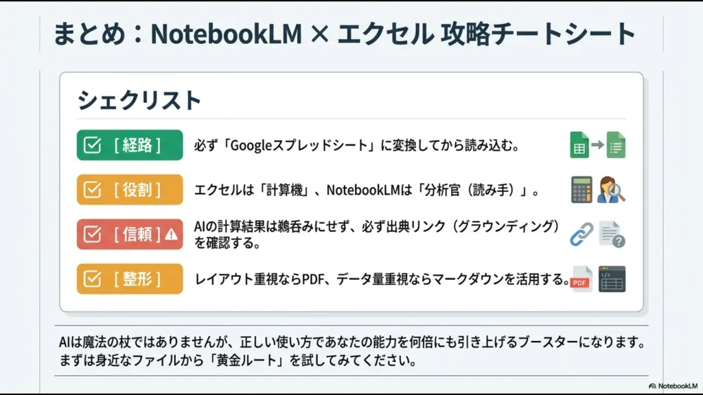 経路・役割・信頼・整形の4つの観点から、NotebookLMとエクセル活用の重要ポイントをまとめたチェックリスト。