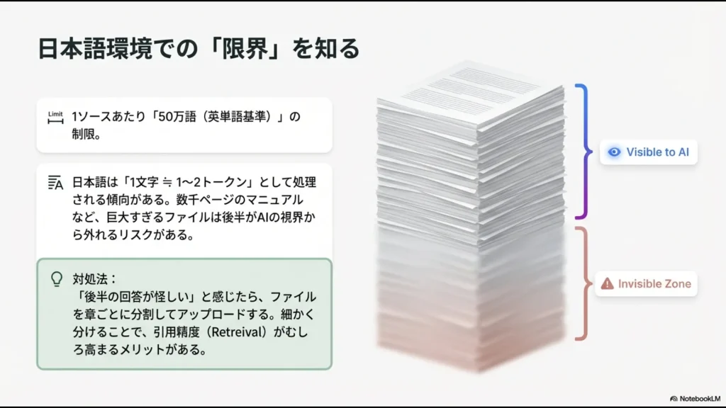日本語特有のトークン消費による制限と、ファイルを章ごとに分割してアップロードする対処法についての解説 。