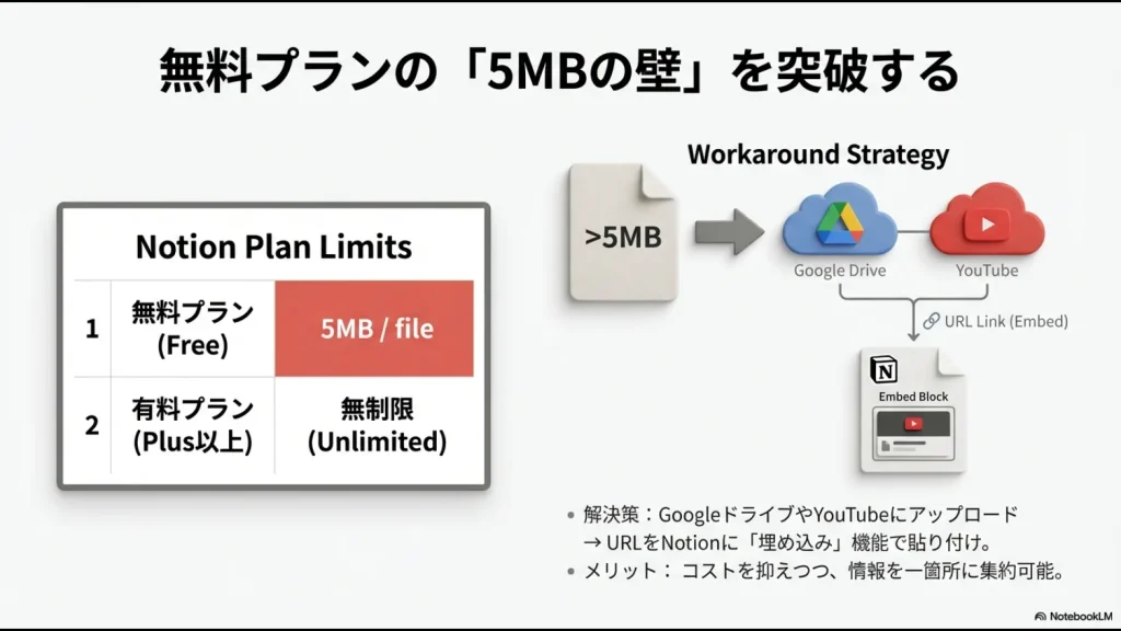 Notion無料プランの5MB制限をGoogleドライブやYouTubeの埋め込み機能で回避する図解