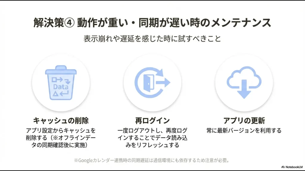 キャッシュ削除、再ログイン、アプリ更新など、表示崩れや遅延を解消するための3つのメンテナンス方法 。