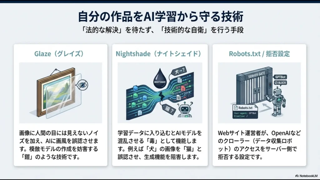 画風を隠蔽するGlaze、学習データを汚染するNightshade、クローラーを拒否するRobots.txtの3つの自衛手段を解説するスライド