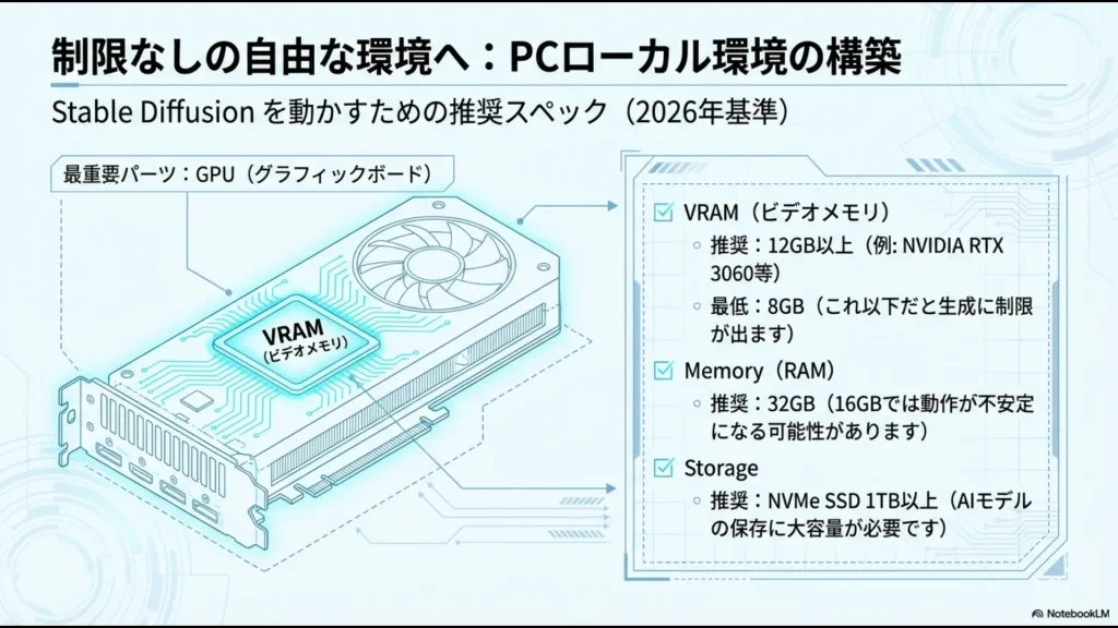 GPUのVRAM 12GB以上推奨など、PCローカル環境でStable Diffusionを動かすための2026年基準スペック解説図 。