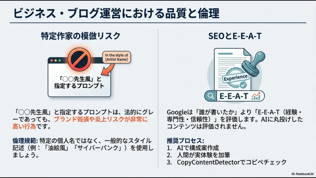 特定作家風プロンプトの倫理的リスクと、Googleが評価するE-E-A-T、推奨される人間中心の制作プロセスを解説するスライド