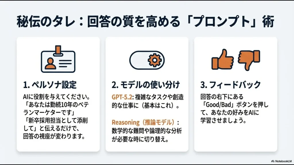 ペルソナ設定の例、GPT-5.2と推論モデルの使い分け、フィードバック機能の重要性の解説