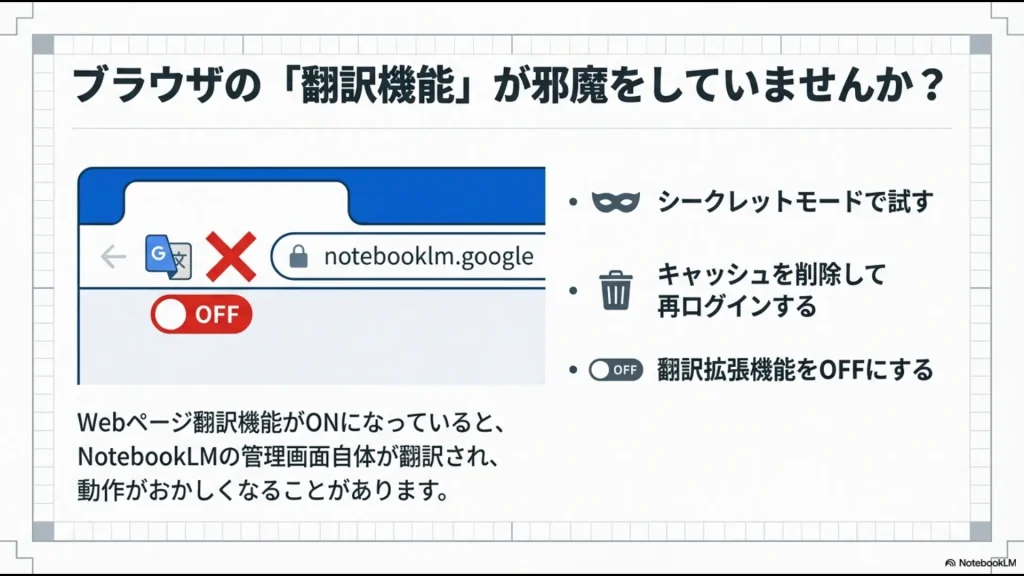 ブラウザのページ翻訳機能をOFFにし、シークレットモードやキャッシュ削除でエラーを回避するチェックリストスライド