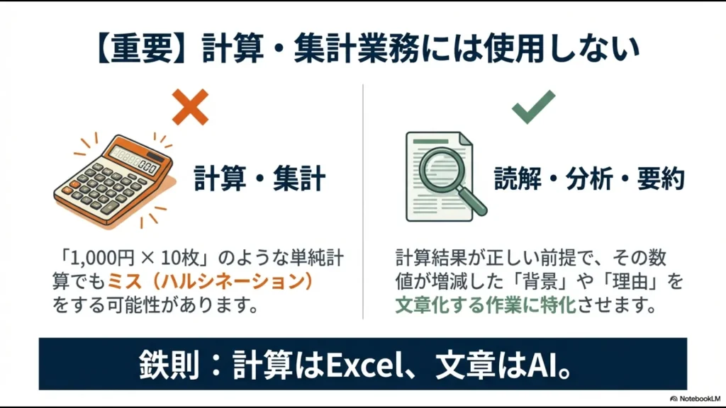 AIに計算を任せず、読解や分析に特化させる「鉄則：計算はExcel、文章はAI」の考え方を示す解説図。
