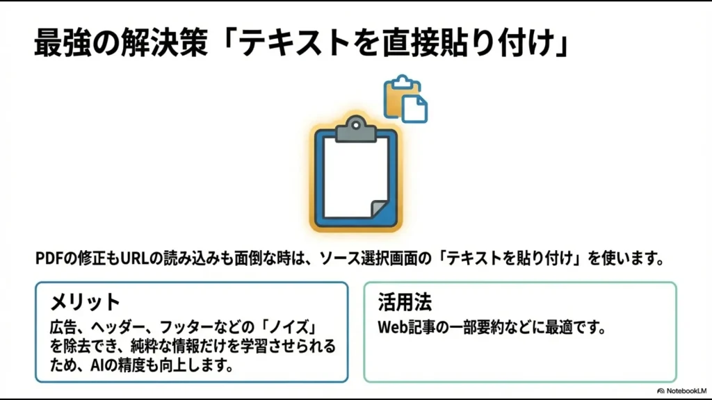 ソース選択画面でテキストを直接貼り付けることで、広告やヘッダーなどのノイズを排除し、AIの回答精度を高める方法の紹介