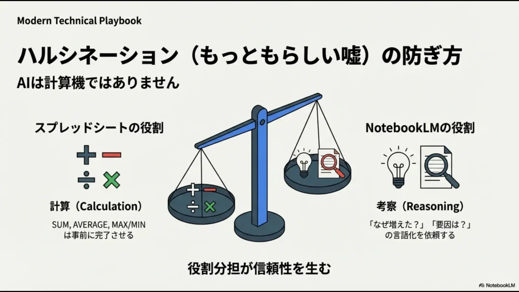 計算はスプレッドシートの関数で行い、AIにはその要因や背景の言語化（考察）を依頼するという信頼性を高める使い分け