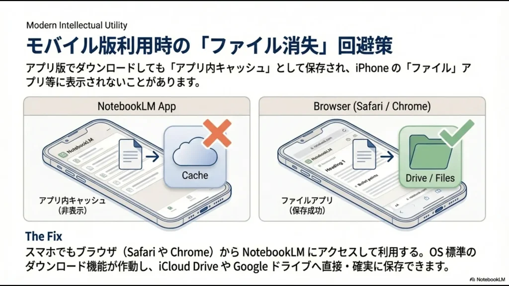 モバイルアプリのキャッシュ保存と、ブラウザ版による直接保存（iCloud/Googleドライブ）の仕組みの比較図。