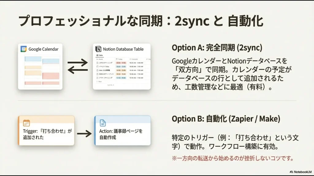 GoogleカレンダーとNotionデータベースの双方向同期（2sync）と、トリガー・アクションによる自動化（Zapier/Make）の図解