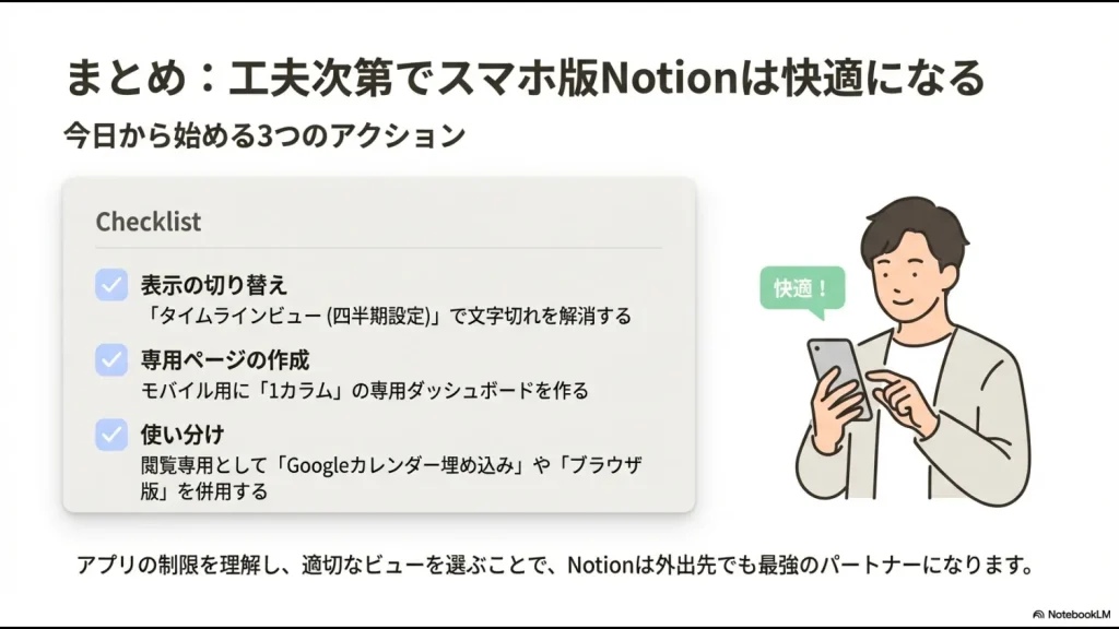 表示の切り替え、専用ページの作成、外部ツールの使い分けという、今日から始めるべき3つのアクションのチェックリスト 。