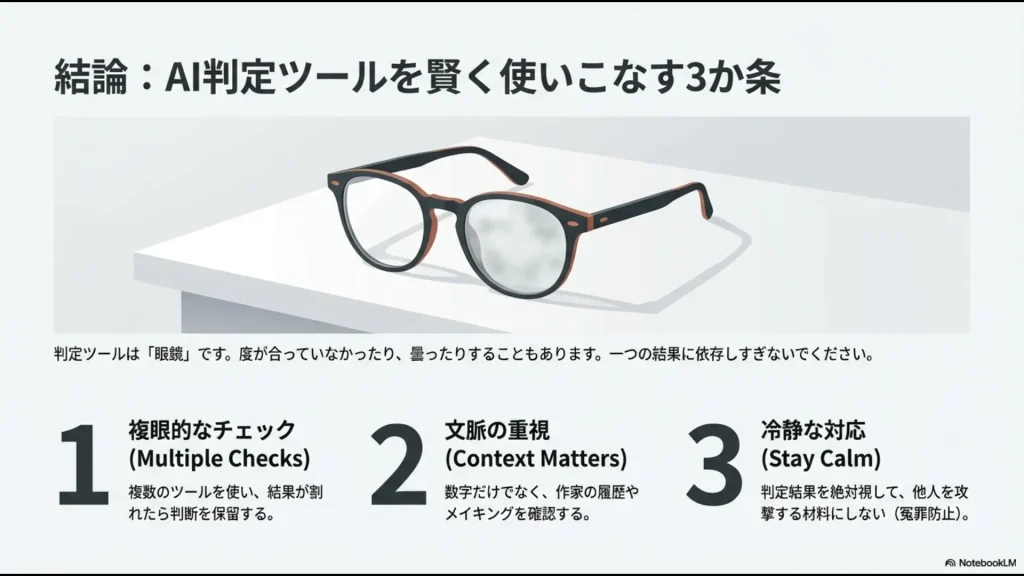 複眼的なチェック、文脈の重視、冷静な対応という、判定ツールを眼鏡として活用するための3つの心得を記したまとめスライド