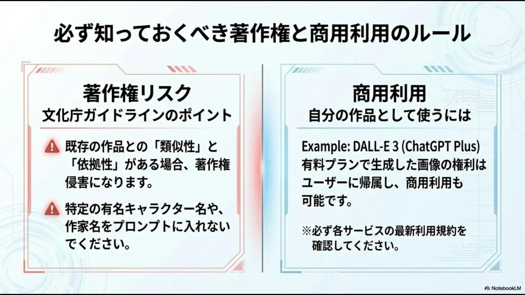 類似性と依拠性に関する文化庁ガイドラインのポイントや、DALL-E 3などの商用利用ルールをまとめたスライド 。